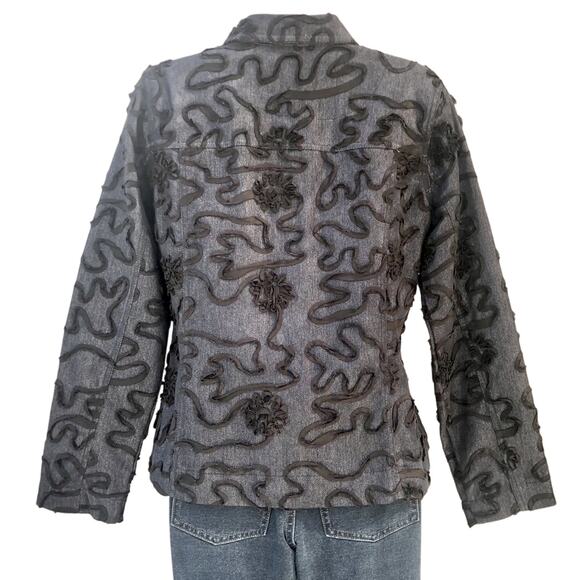 Analogy Black Trim Classic Denim Jacket Top Stitching Detail Silver Tone Buttons - Picture 2 of 16